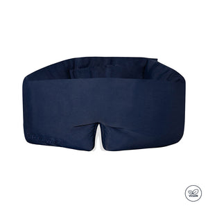 The drowsysleepco Midnight Blue - Vegan Silk Sleep Mask features a thick, cushioned design with full blackout coverage and a small vegan certification icon in the corner.