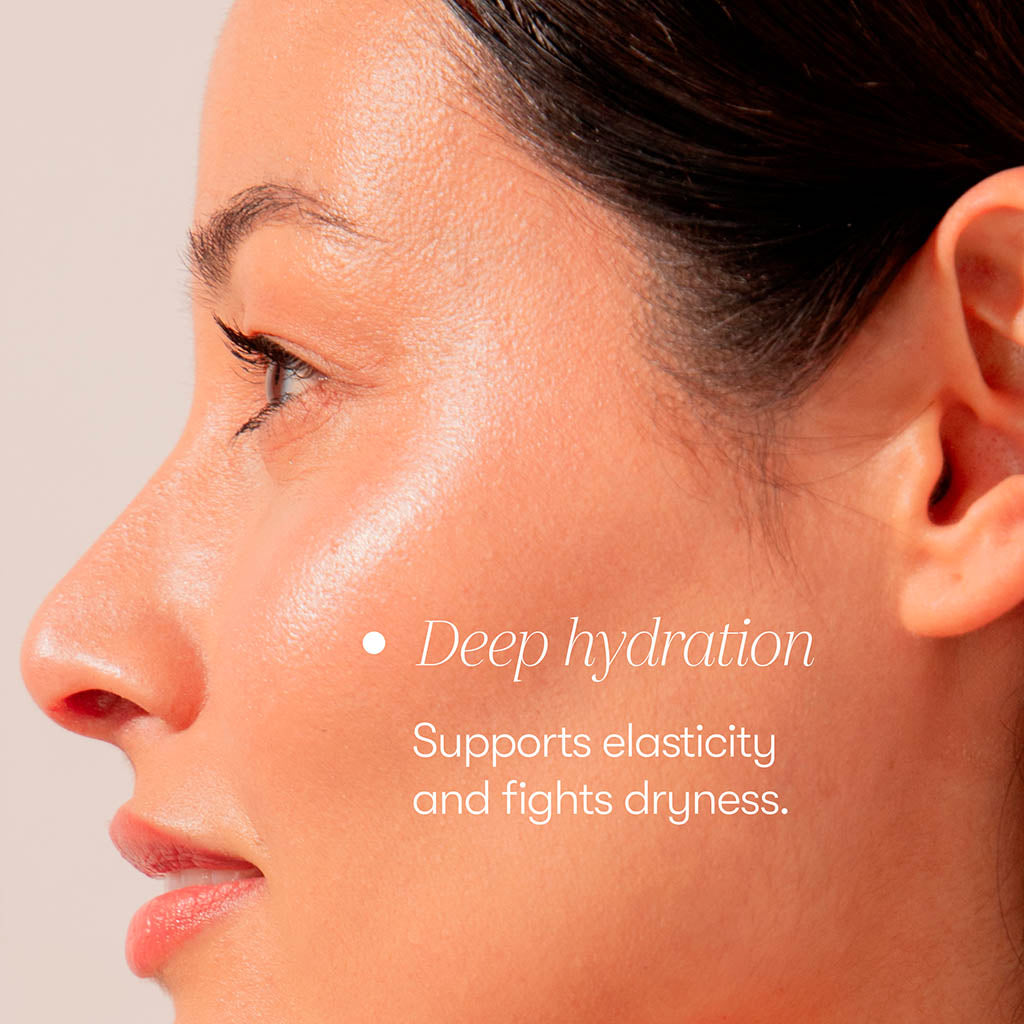 A close-up side profile of a woman’s face with glowing skin. Text reads: Deep hydration. drowsysleepco’s Supplements - Sleep & Glow Protocol supports skin elasticity and combats dryness, helping you achieve a radiant complexion—even after restorative sleep.