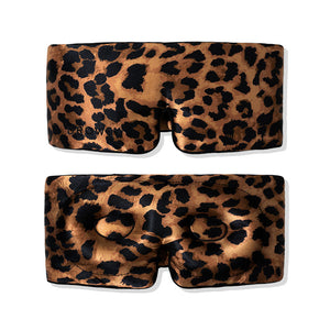 Two us.drowsysleepco Hotel Paradiso Wild Thing eyelash-protecting masks with brown and black leopard print are shown, one displaying the front and the other the back with contoured eyecups for comfort.