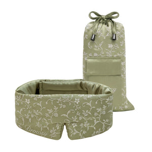Pride & Prejudice - Sage Sleep Mask + Pouch in sage green mulberry silk with a white floral vine pattern on both the mask and its matching drawstring storage pouch.