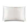 A rectangular, white Akoya Pearl Silk Pillowcase by drowsysleepco is shown against a white background. This hair-protecting, smooth and subtly lustrous accessory appears soft and luxurious, with the brand name faintly visible in one corner.