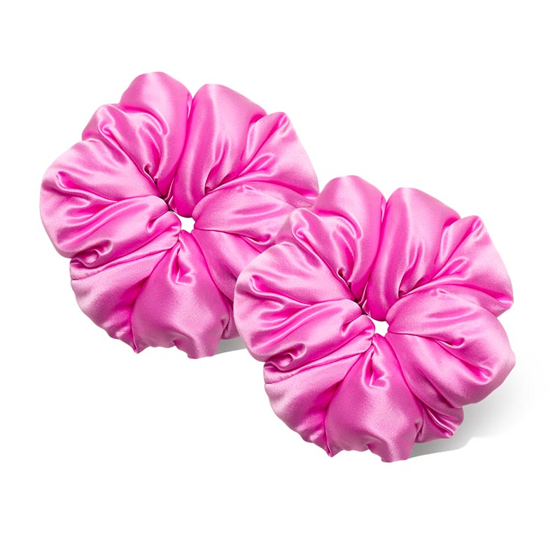 Two shiny, hot pink Hotel Paradiso - Heatwave Padded Scrunchies by us.drowsysleepco sit side by side on a white background, each designed to promote hair thickness and reduce breakage.