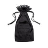 Introducing the Paris Love Story Carry Pouch by drowsysleepco: a black satin drawstring bag featuring couture-inspired lace trim, a convenient front pocket embroidered with “DROWSY,” and designed to beautifully complement your favorite silk sleep mask—all showcased against a white background to evoke the timeless elegance of a Paris Love Story.