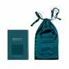 The Green Sapphire Silk Carry Pouch by drowsysleepco features teal mulberry silk, a drawstring closure, and a small front pocket. Comes in a Drowsy-branded box—perfect for storing your silk sleep mask.