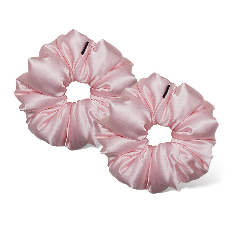 Two Petal Pink Padded Scrunchies by us.drowsysleepco, crafted for hair health, are displayed side by side on a white background.