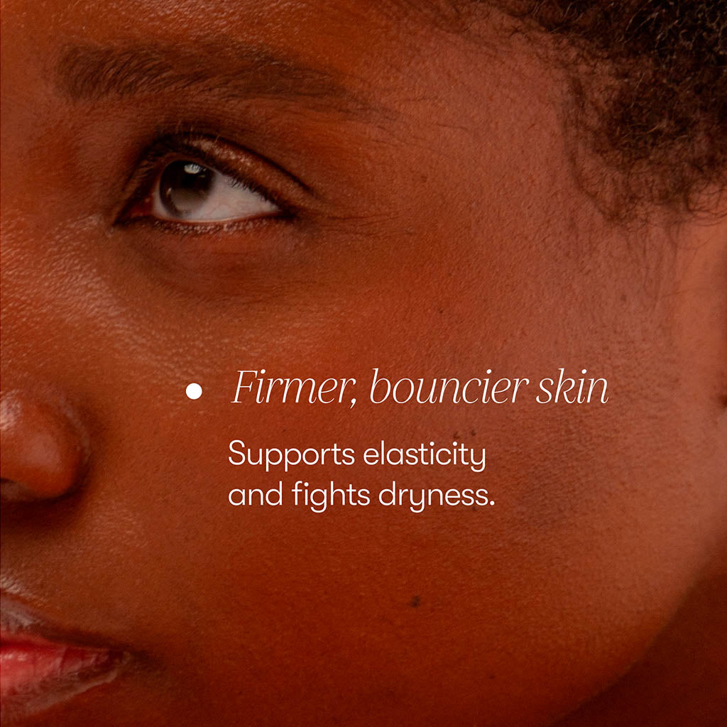 Close-up of a person’s face with smooth, hydrated skin. Overlaid text reads: Firmer, bouncier skin with drowsysleepco Supplements - Sleep & Glow Protocol. Supports elasticity and combats dryness—unlock a rejuvenated complexion with this targeted skin supplement.
