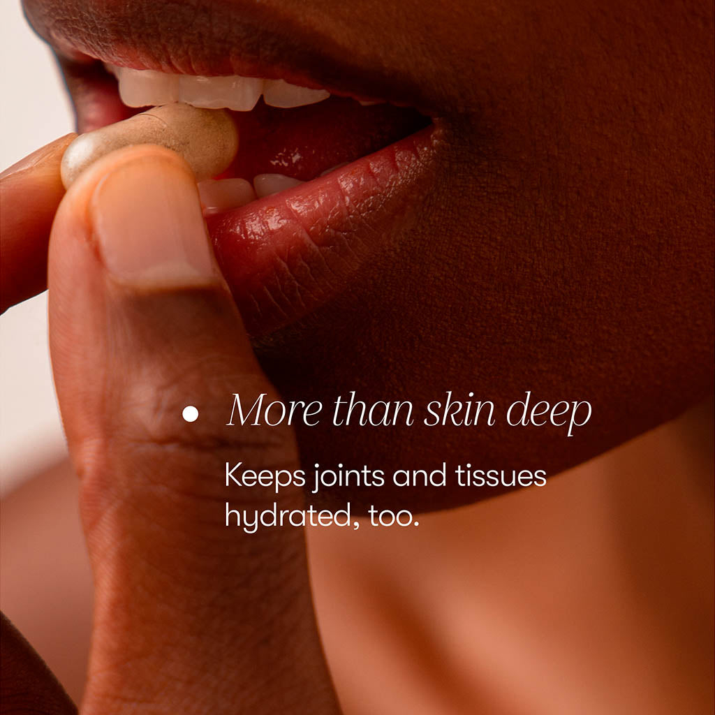 A close-up of a person holding a drowsysleepco Supplements - Sleep & Glow Protocol pill to their lips, with the text: More than skin deep. Supports hydrated joints and tissues, too.