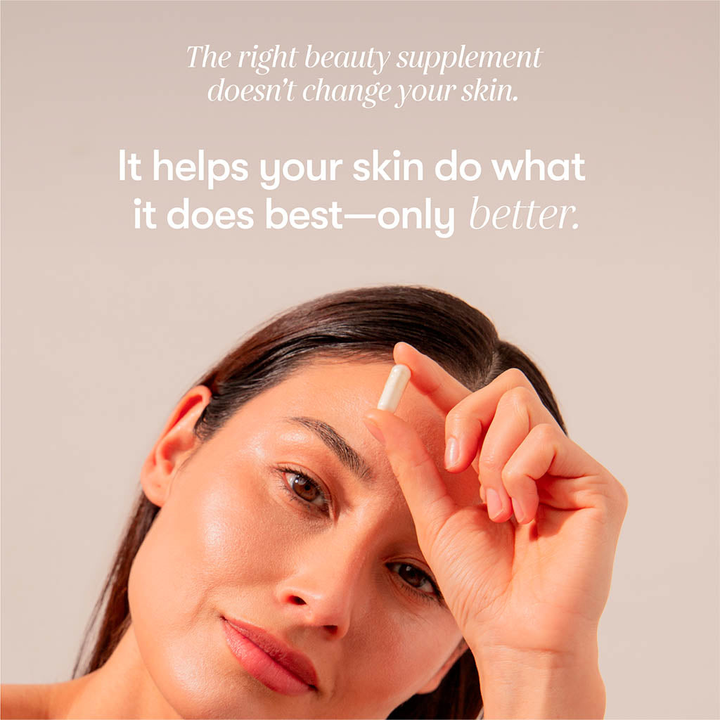 An image shows a woman holding a white capsule near her face, accompanied by text explaining how the drowsysleepco Supplements - Sleep & Glow Protocol can help your skin perform better, not change it. The background is plain and neutral.