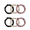 Drowsy sleep co 6 skinny bracelet scrunchies in Black Jade, Damask Rose and dusty gold colours on white background