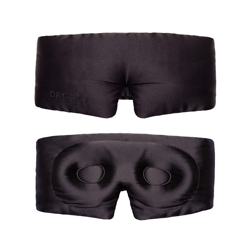 Two Black Jade - Eyelash Protecting Masks by us.drowsysleepco are shown on a white background—one displays the brand, and the other reveals contoured eyecups and padded sockets for eyelash protection.