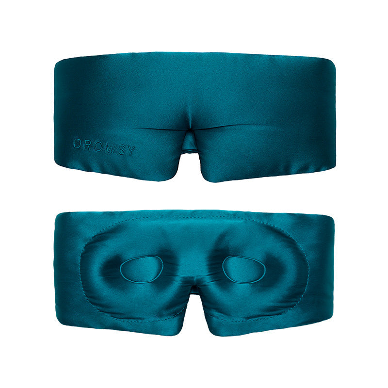 The Green Sapphire - Eyelash Protecting Mask by us.drowsysleepco is shown front and back. The smooth front has “DROWSY” embroidery, while the back features padded eye contours and a nose opening for comfort.