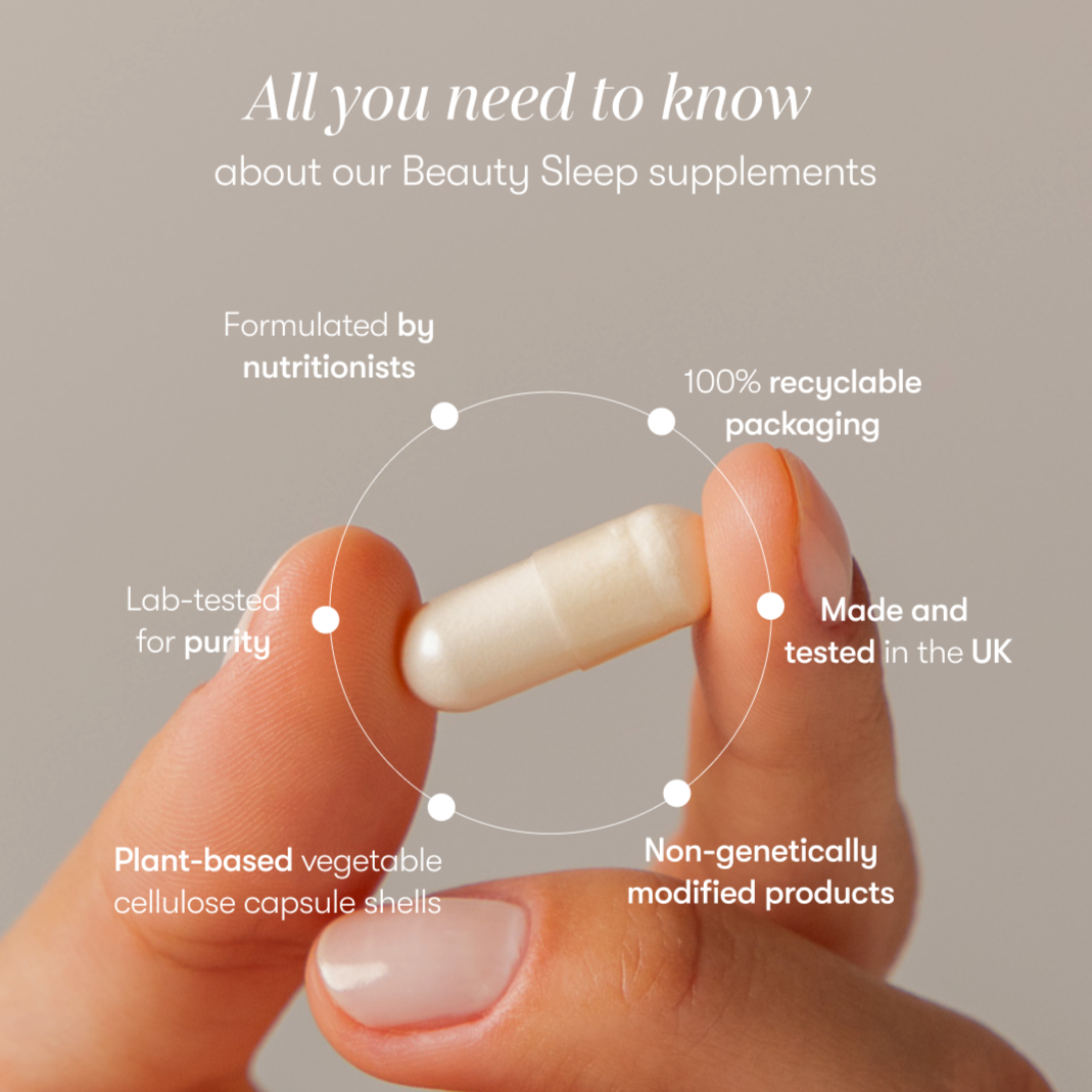A close-up of a hand holding a white capsule, surrounded by text highlighting features of the Supplements - Sleep & Glow Protocol by drowsysleepco—such as purity testing, plant-based capsules, recyclable packaging, UK-made quality, non-GMO ingredients, and expert formulation by nutritionists. This restorative sleep supplement is crafted to support your nightly routine while also functioning as a skin supplement for holistic beauty from within.