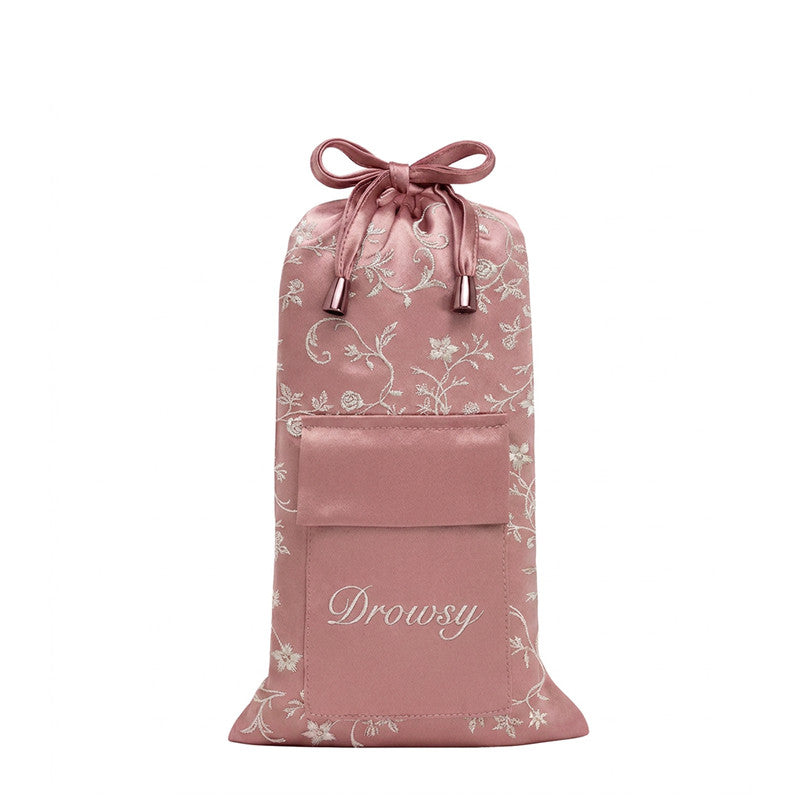 Dusty pink mulberry silk Pride & Prejudice - English Rose Carry Pouch with a white floral pattern and a front pocket embroidered with the word Drowsy.